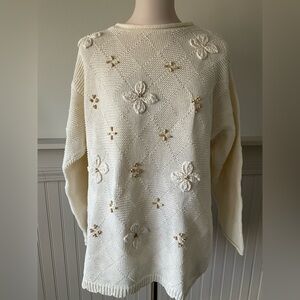 Vintage Y2K Lizsport Petite Floral Appliqué Tunic Sweater Cottagecore Medium Fit